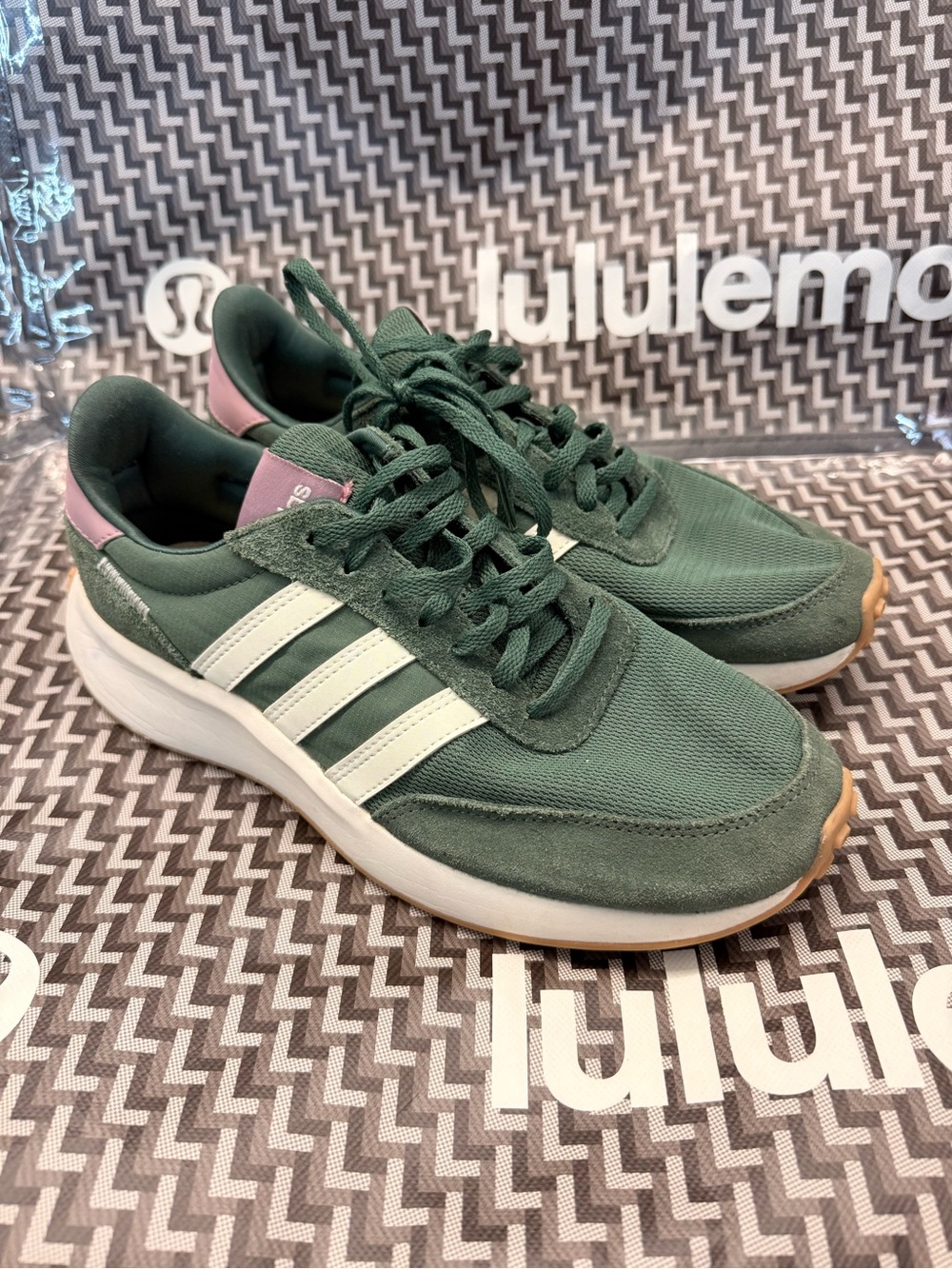adidas Green Sneakers with White Stripes and Pink Heel Accents